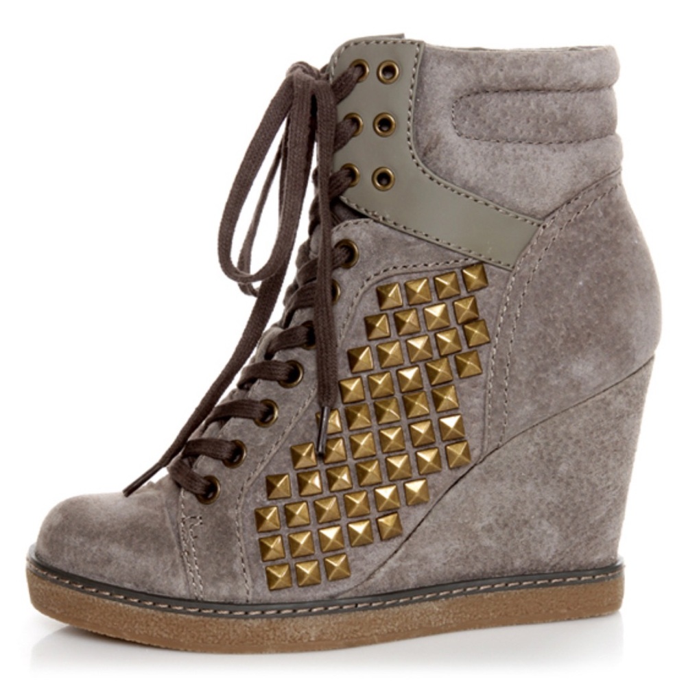 Report Gray Lace Up Wedge Boots with Gold Studs